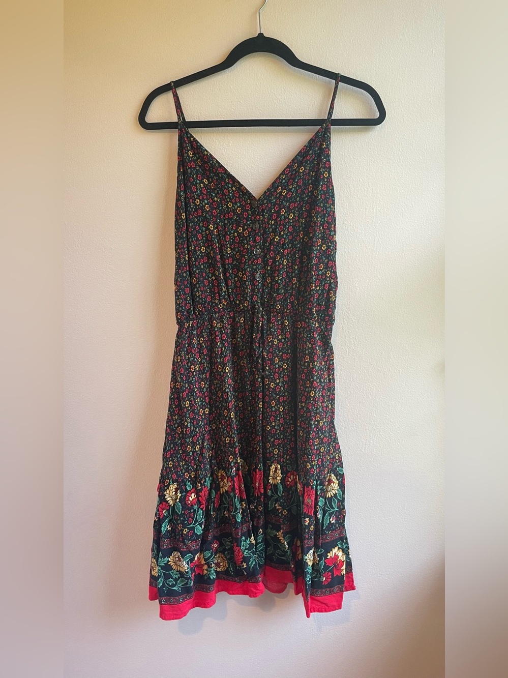 PrettyGarden Black Floral Boho Sundress Border Print Ruffle Hem Size L